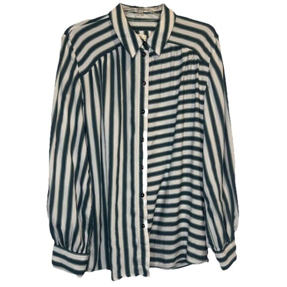 Maeve By Anthropologie Women’s Green Silky Striped Button Down Blouse Top Sz L - Picture 1 of 10